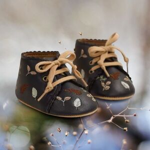 Baby Girls First Shoes Boots Black Booties Fall Winter Embroidery Leaf Infant NB